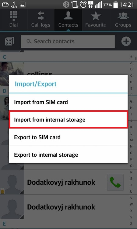 Selecting "Import from internal storage"